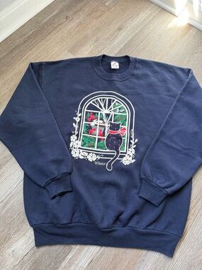 VTG Jerzees Winter Cat Cardinal Crewneck Sweatshirt Grandma Core Blue White XL